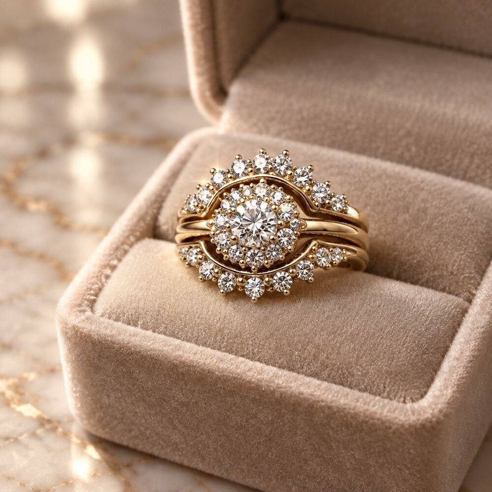 The Celestia Set: Vintage Sunburst Engagement Ring Set Size 5